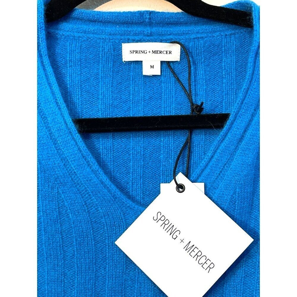 Spring + Mercer Blue V-Neck Ribbed Cashmere Sweater Medium - Picture 2 of 4